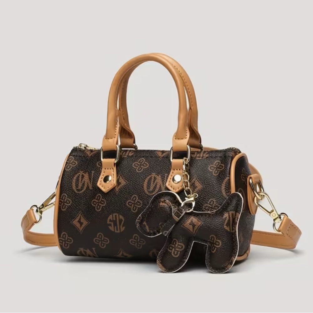 Brown Monogram Barrel Bag Designer Inspired with Puppy Charm & Golden-Tone NIP - Picture 8 of 13